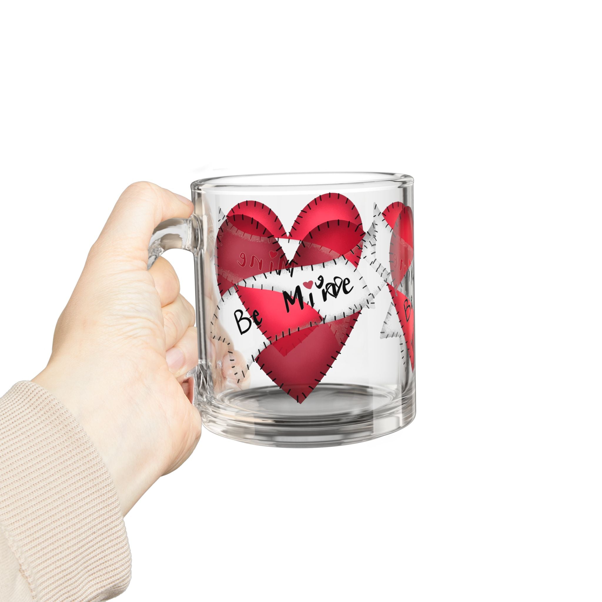 Glass Mug — 'Be Mine' Red Patchwork Hearts Valentine Coffee Mug (10oz)