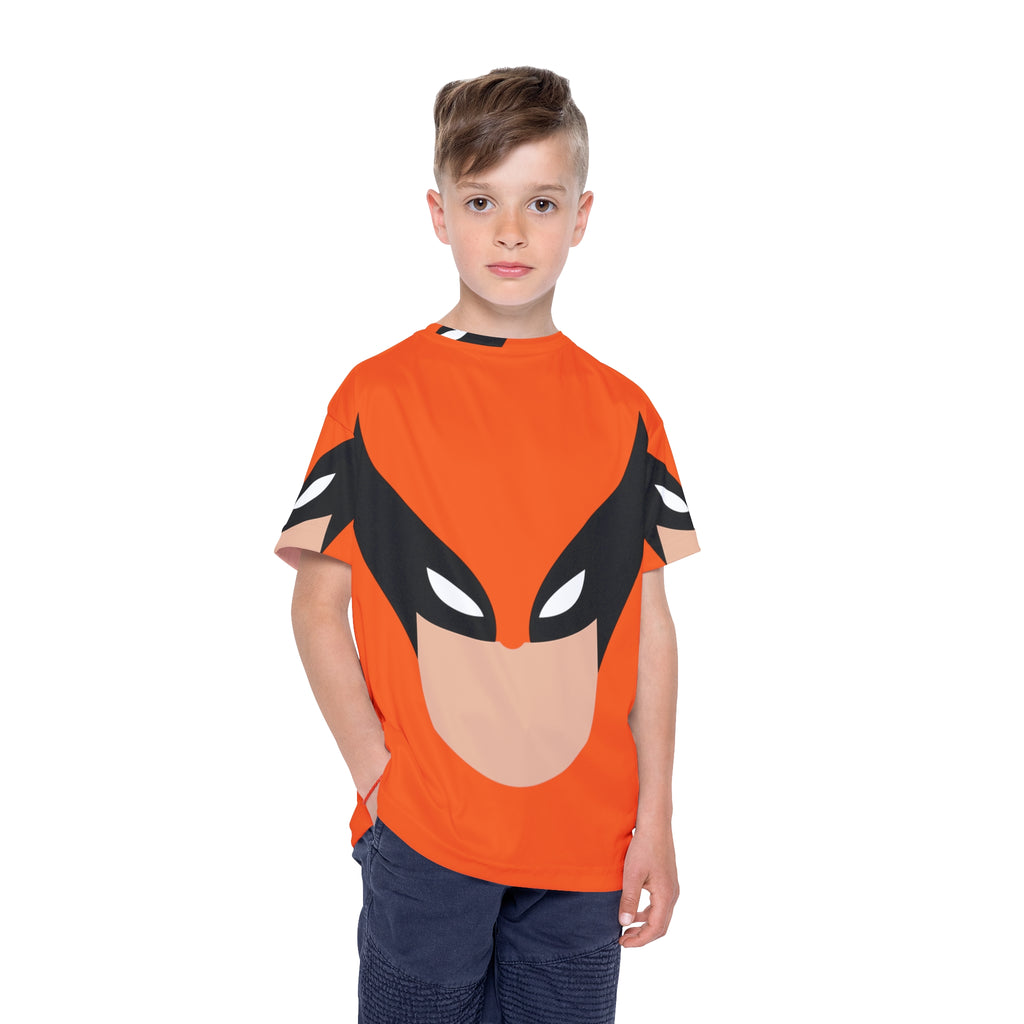 Kids Superhero Face Print Sports Jersey — Orange All-Over-Print Athletic Tee