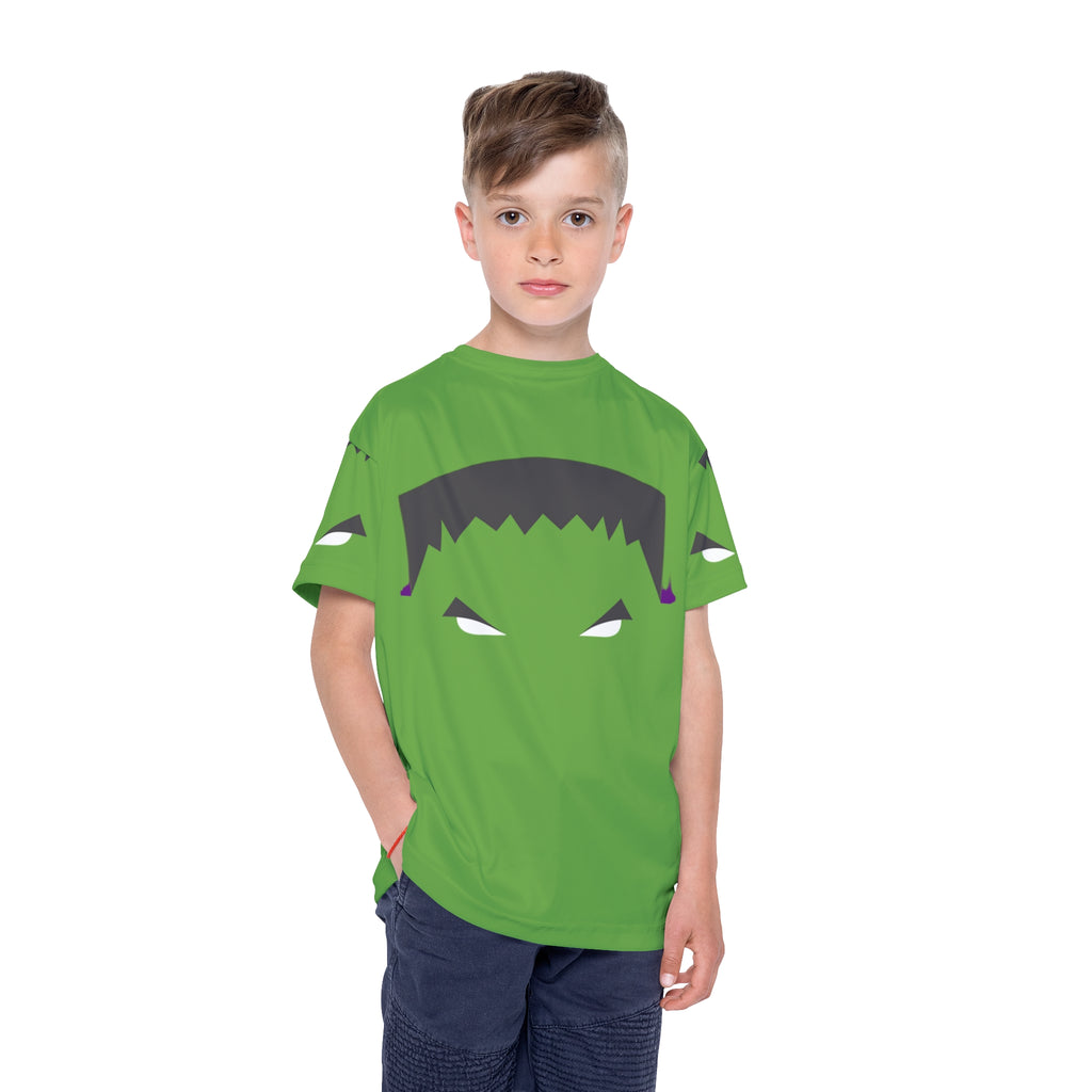 Kids Monster Face Sports Jersey — Green Frankenstein Halloween Tee
