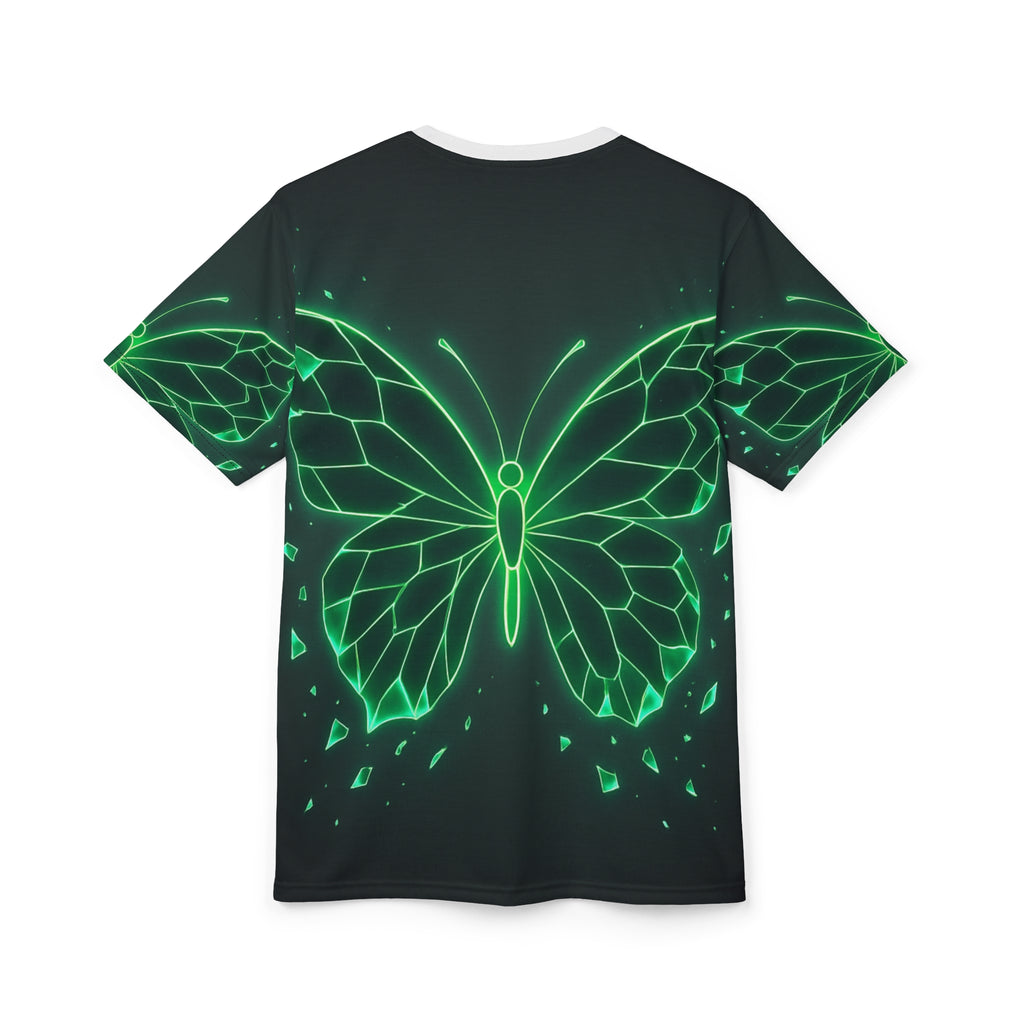Glow-in-the-Dark Butterfly Tee, Unisex AOP Shirt, Nature Lover Gift, Festival Wear, Eco-Friendly Fashion