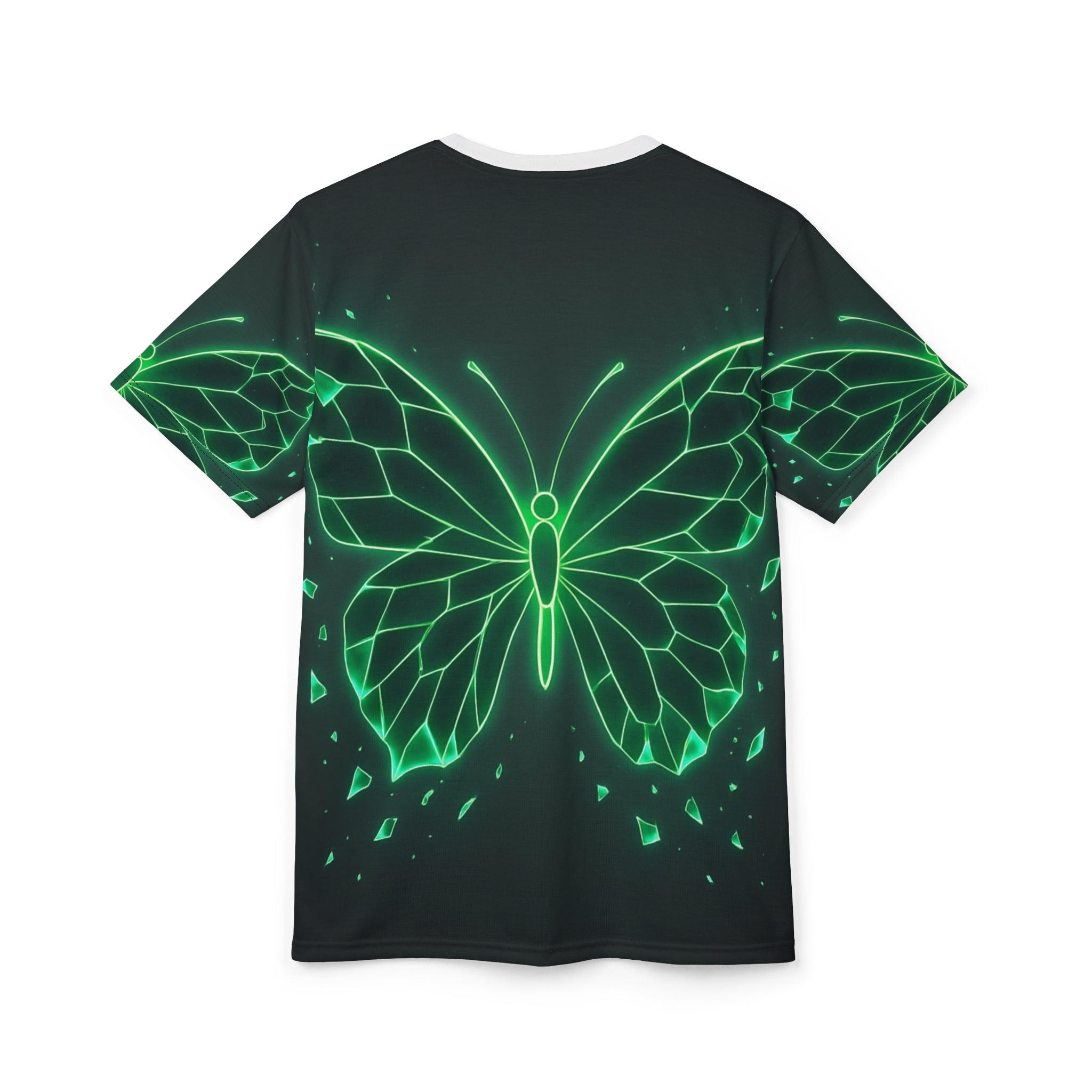Glow-in-the-Dark Butterfly Tee, Unisex AOP Shirt, Nature Lover Gift, Festival Wear, Eco-Friendly Fashion