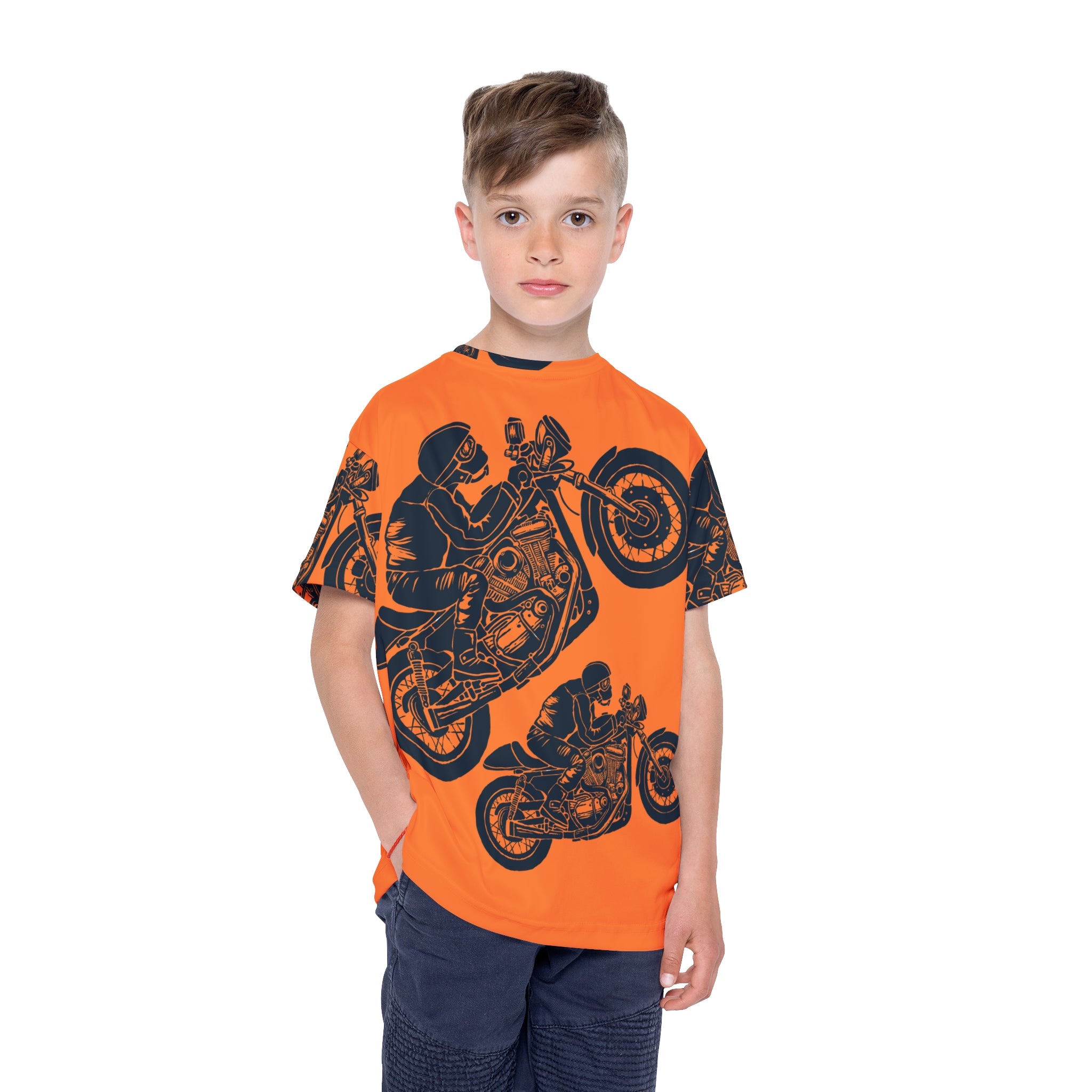 Kids Orange Motorcycle Jersey — Retro Stunt Bike All-Over Print