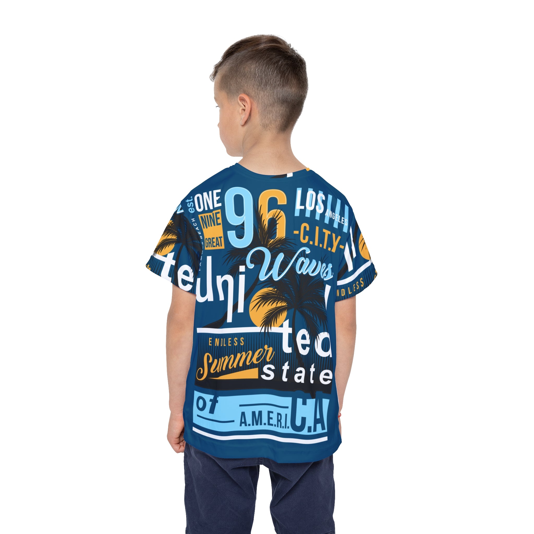 Kids Graphic Jersey Tee — 'Endless Summer' Blue Surf & Palm Print