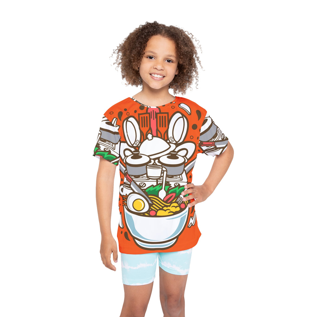 Kids Ramen Bowl Graphic Jersey — Bright Orange All-Over-Print Tee