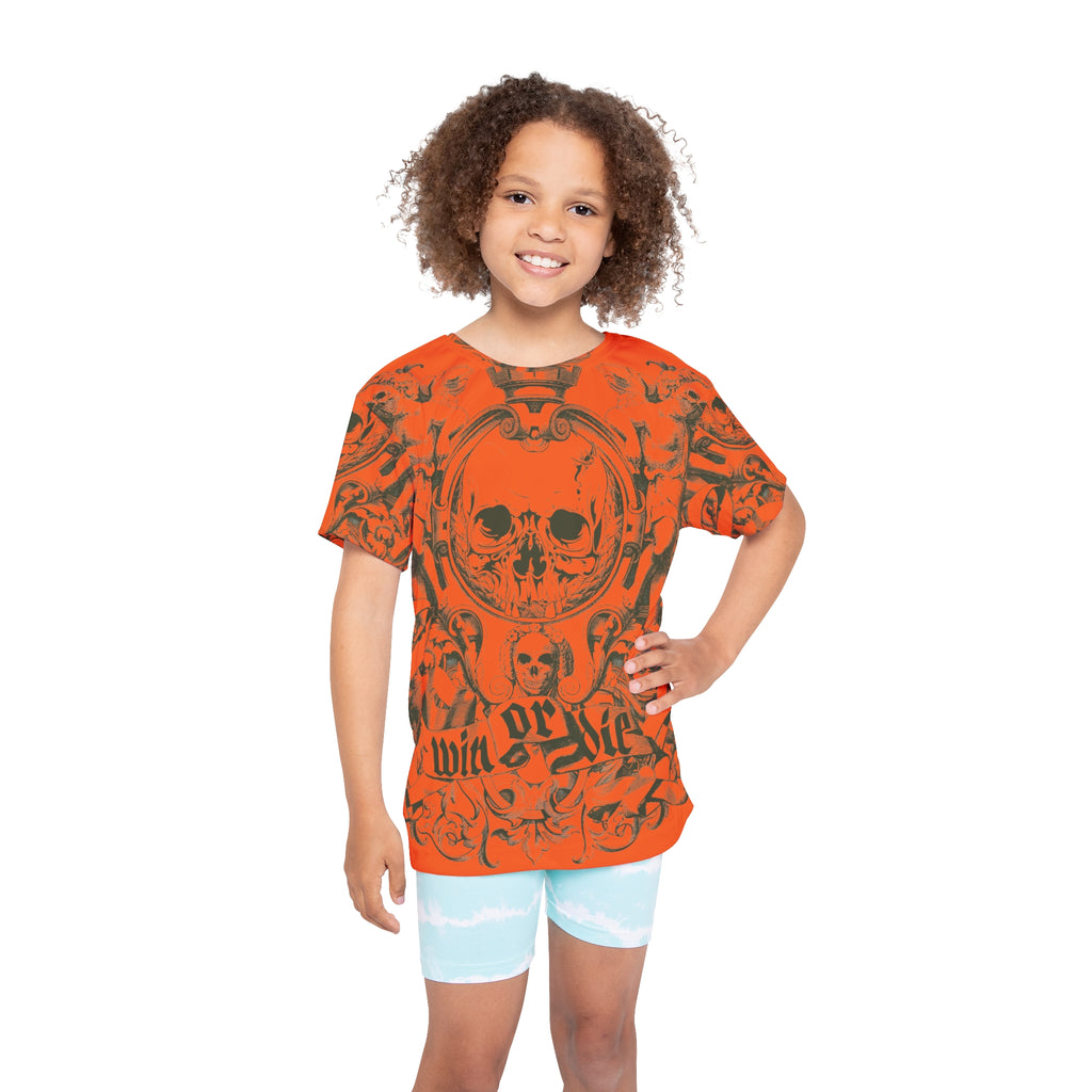 Kids Jersey — Orange “Win or Die” Skull Sports Tee