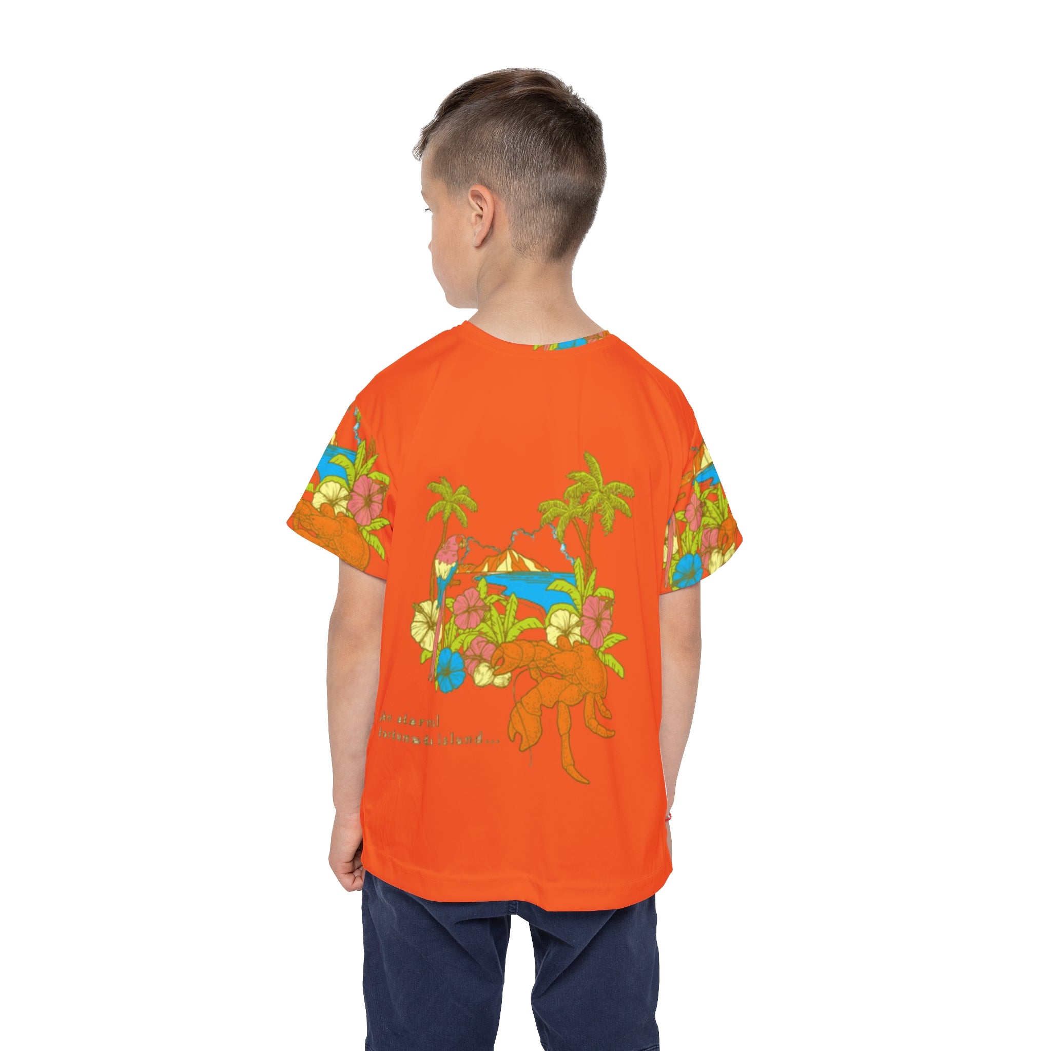 Kids Tropical Sports Jersey — Bright Orange Hawaiian Island Design