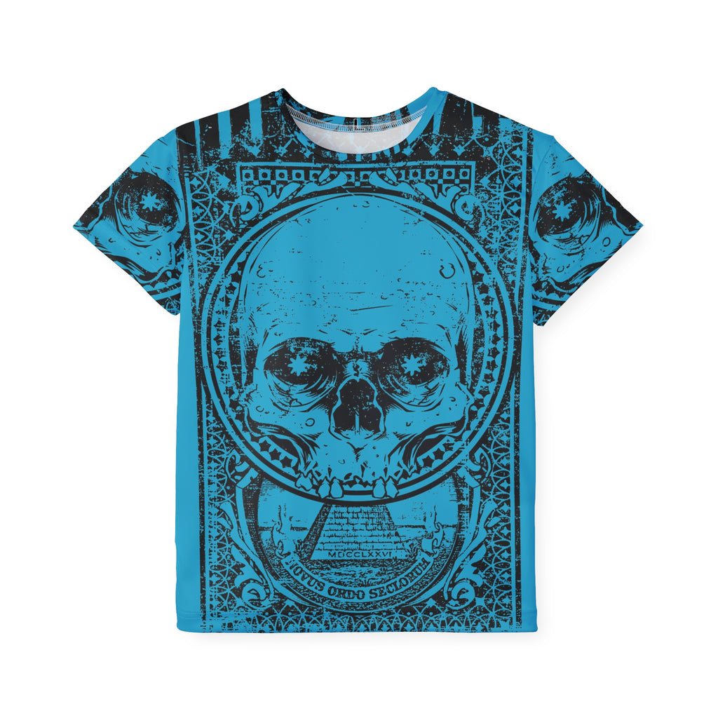 Kids Skull Graphic Jersey — Blue All-Over Print Sports Tee