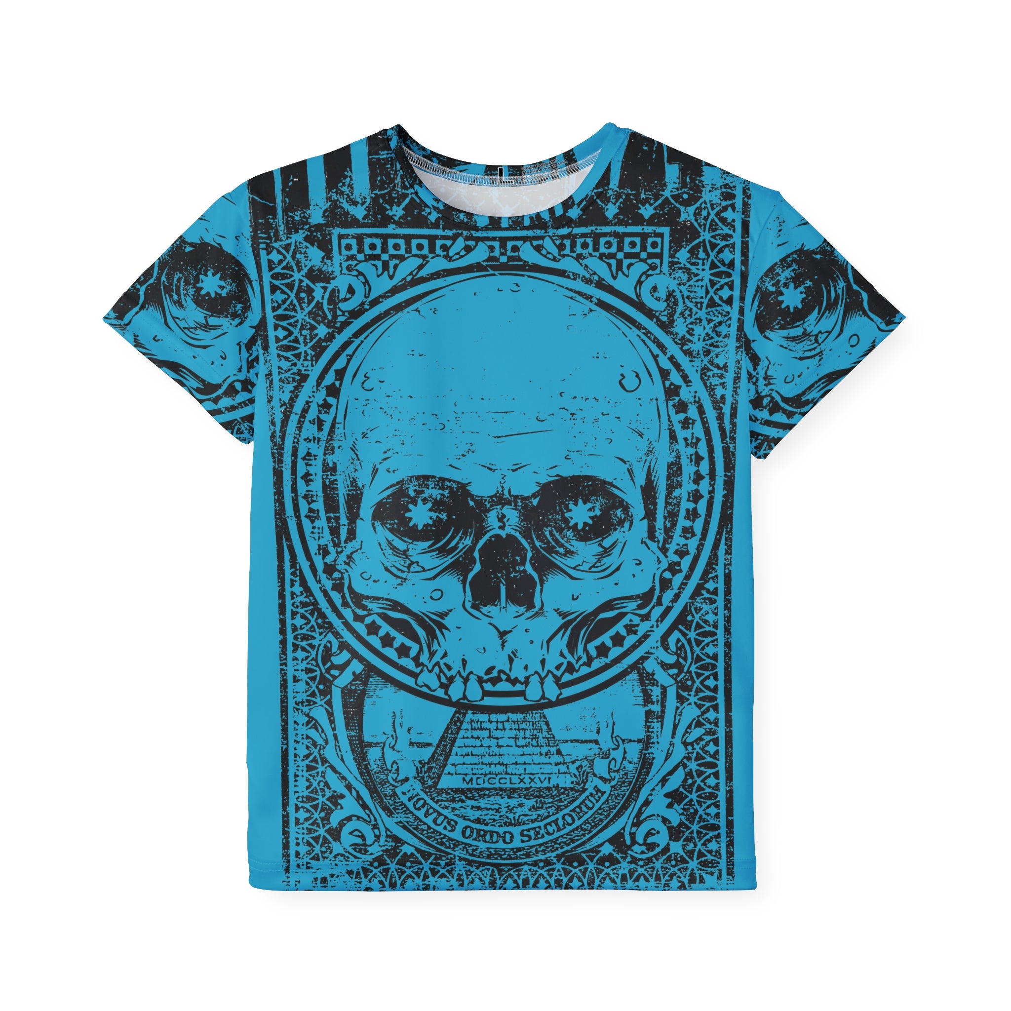Kids Skull Graphic Jersey — Blue All-Over Print Sports Tee