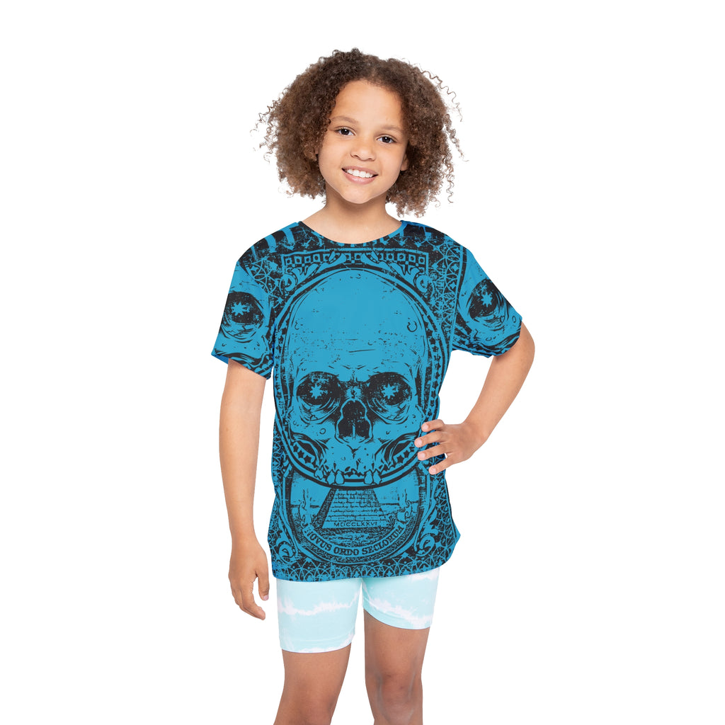 Kids Skull Graphic Jersey — Blue All-Over Print Sports Tee