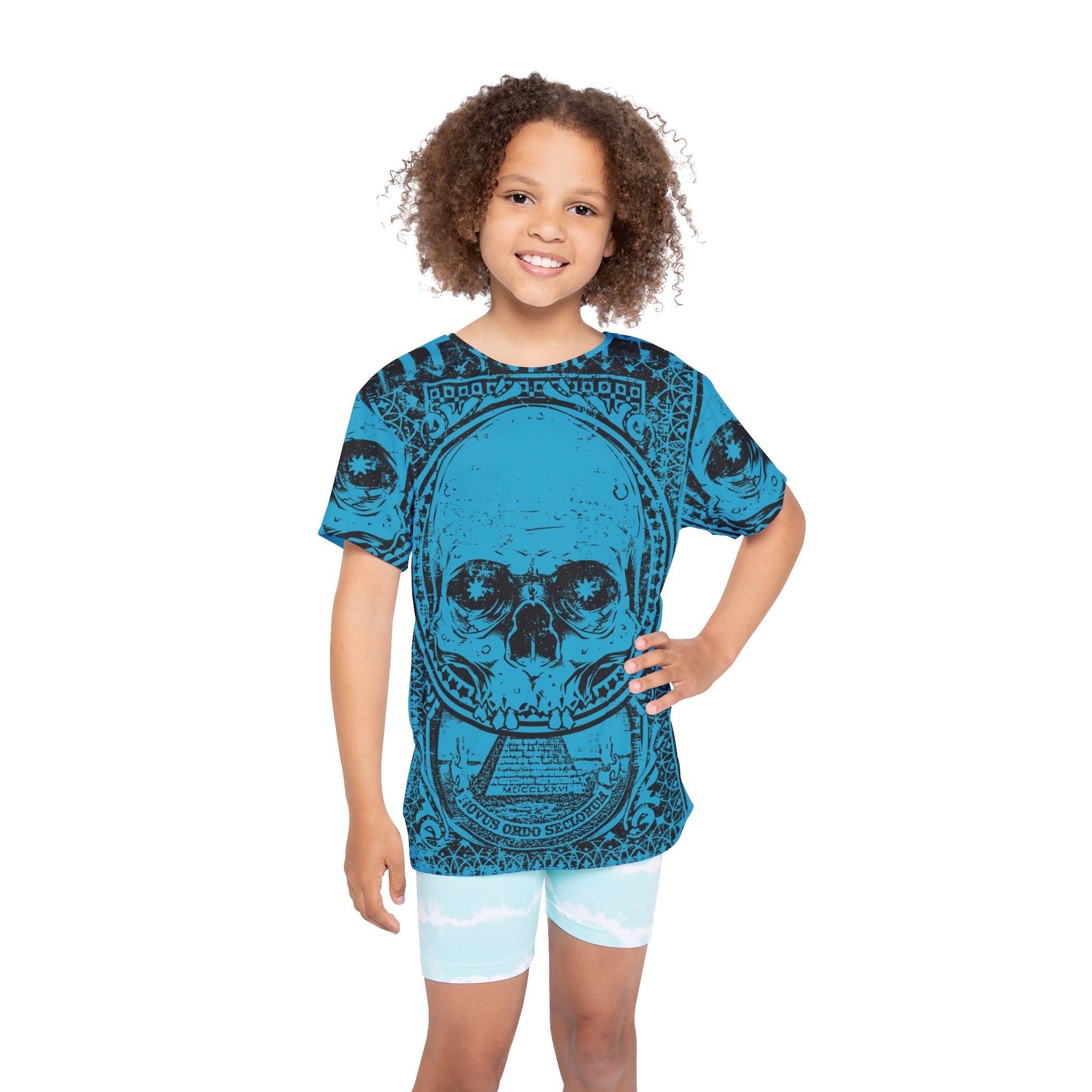 Kids Skull Graphic Jersey — Blue All-Over Print Sports Tee
