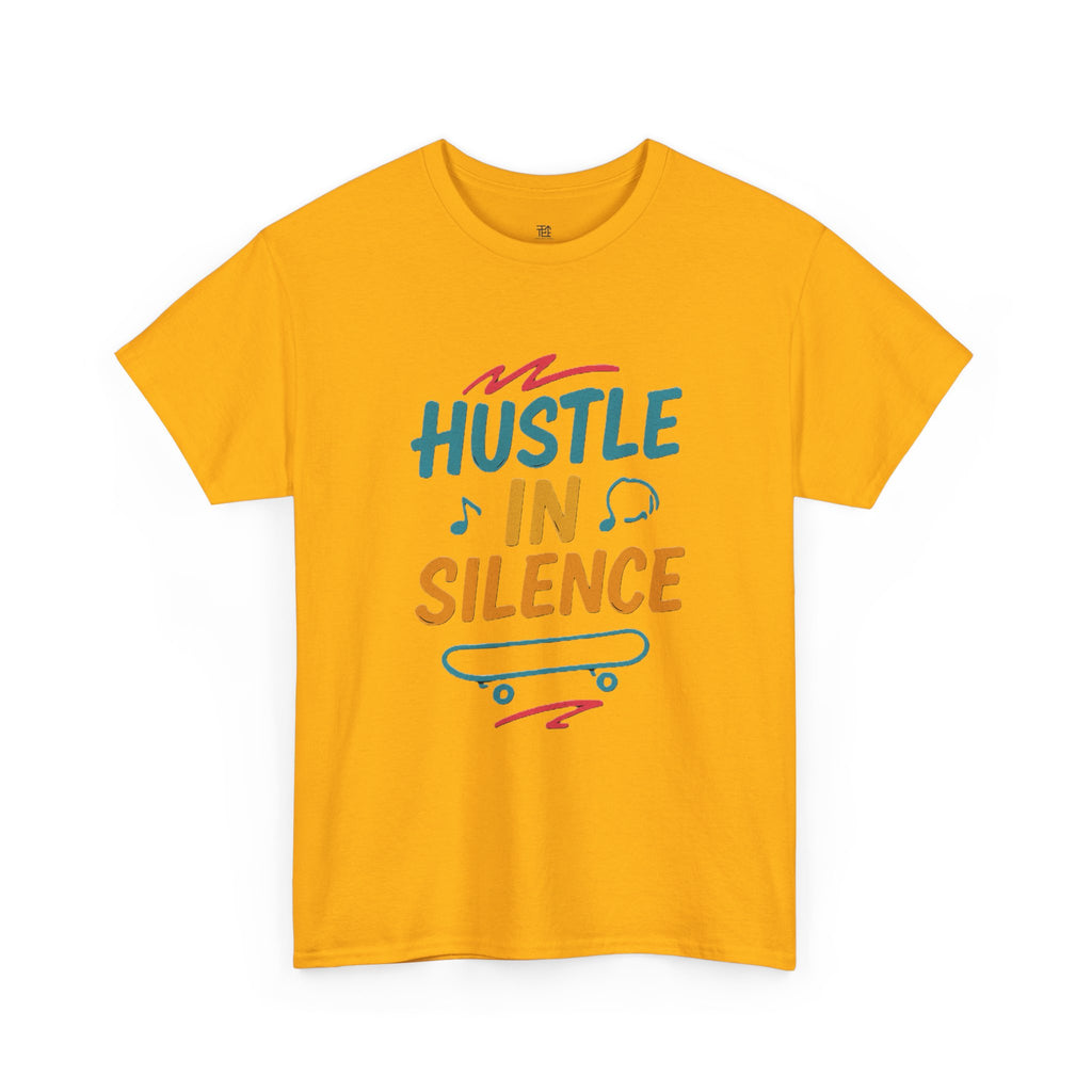 Hustle in Silence Tee - Unisex Heavy Cotton T-Shirt, Skateboarder Gift, Cool Casual Wear, Fitness Shirt, Motivational Apparel