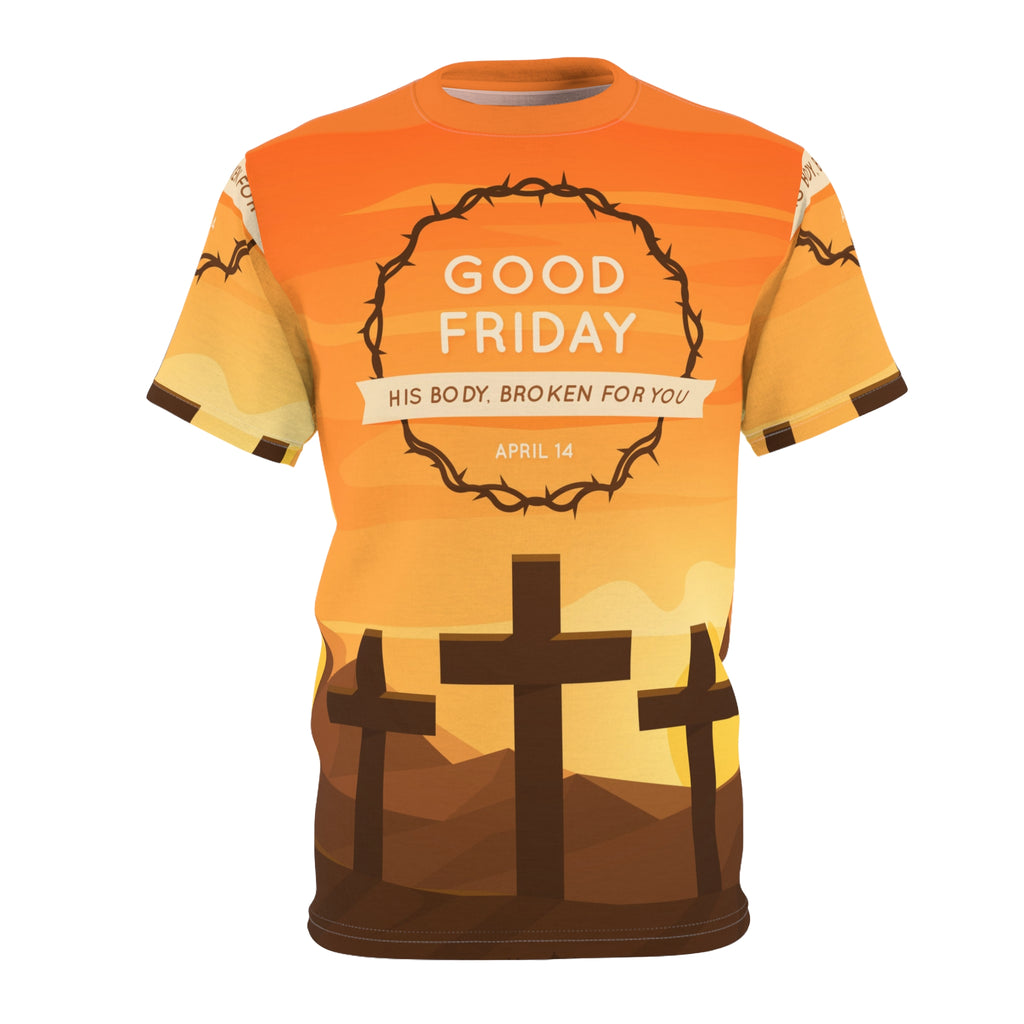 Good Friday Tee — 'His Body, Broken For You' All-Over Print Christian T-Shirt