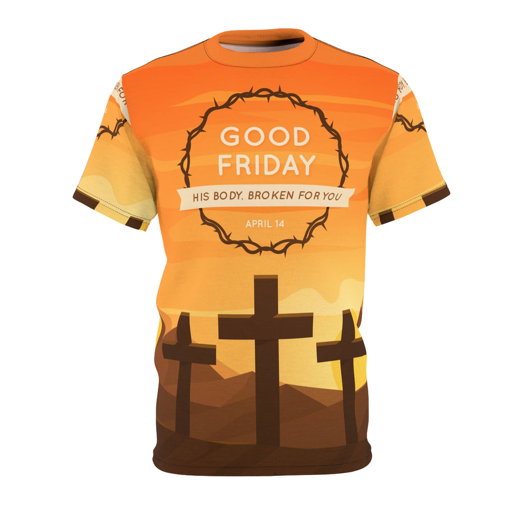 Good Friday Tee — 'His Body, Broken For You' All-Over Print Christian T-Shirt