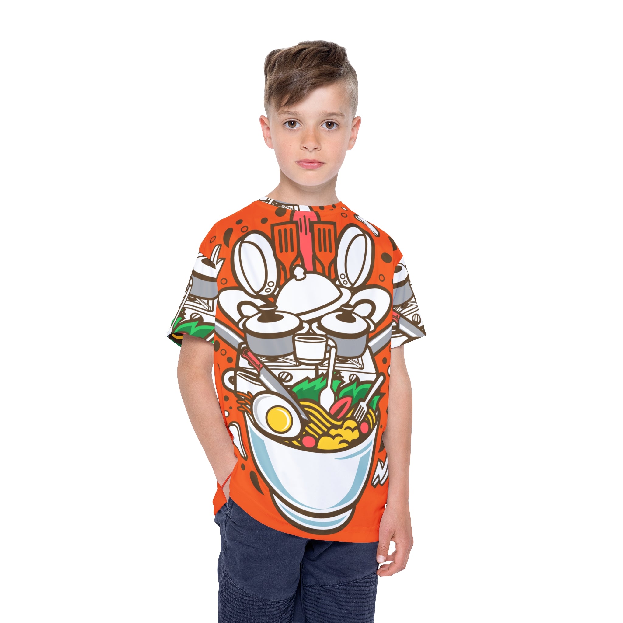 Kids Ramen Bowl Graphic Jersey — Bright Orange All-Over-Print Tee