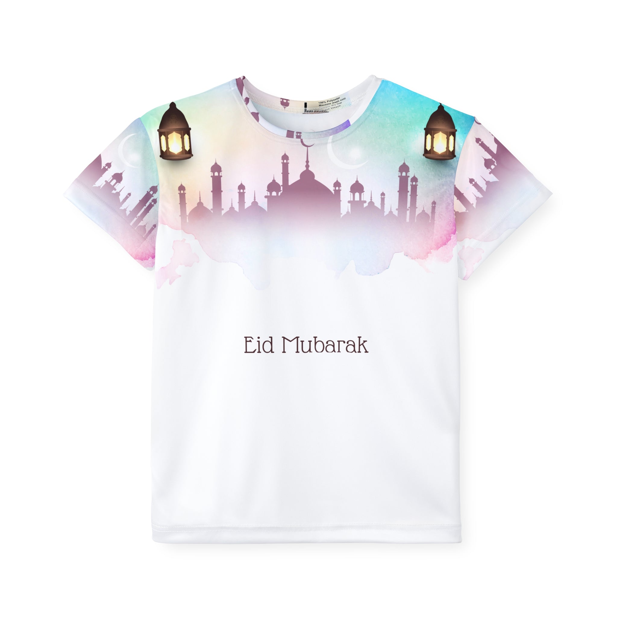 Eid Mubarak Kids Jersey — Colorful Mosque Lanterns AOP Tee