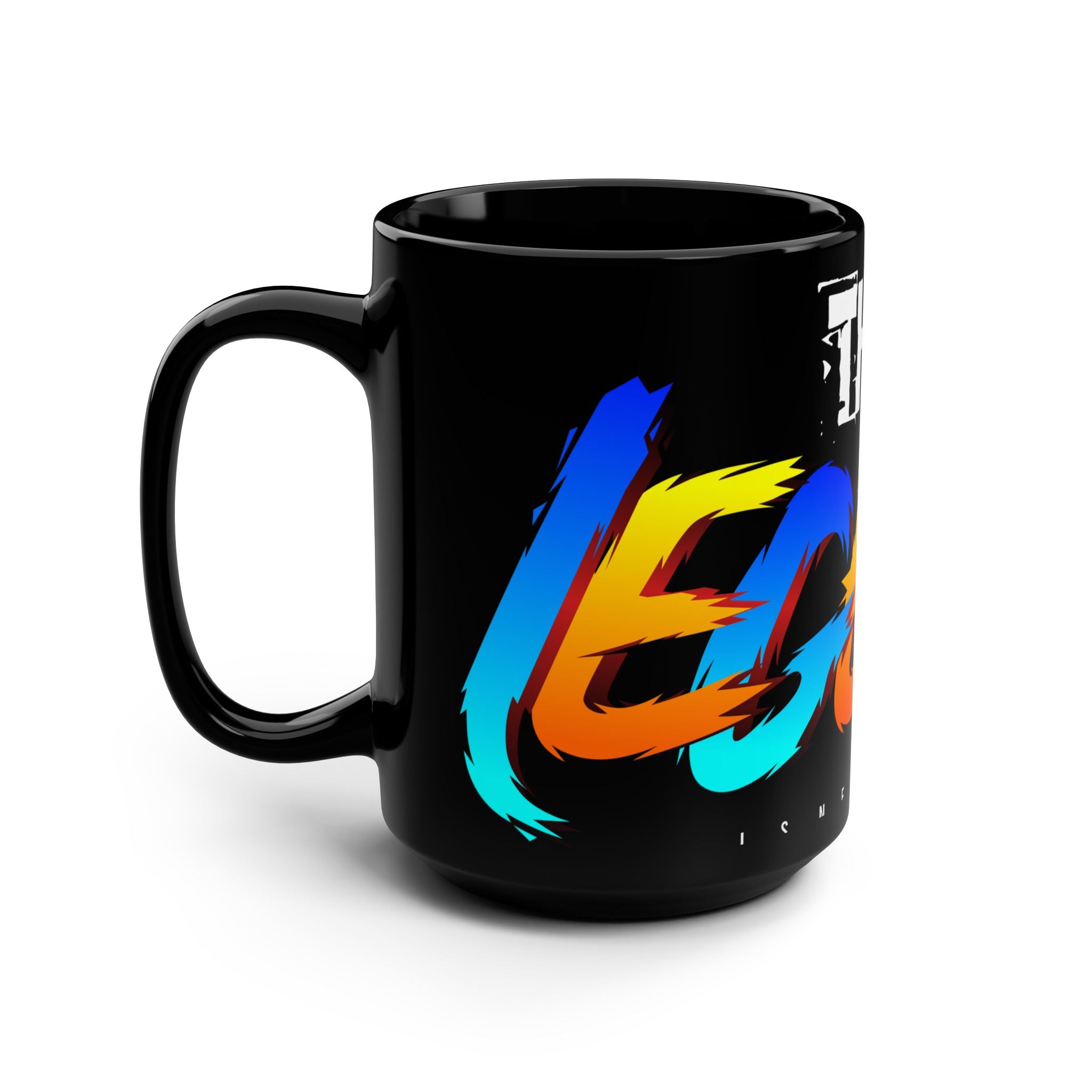 The Legend Bold Script 15oz Black Mug — Colorful Retro Brush Lettering