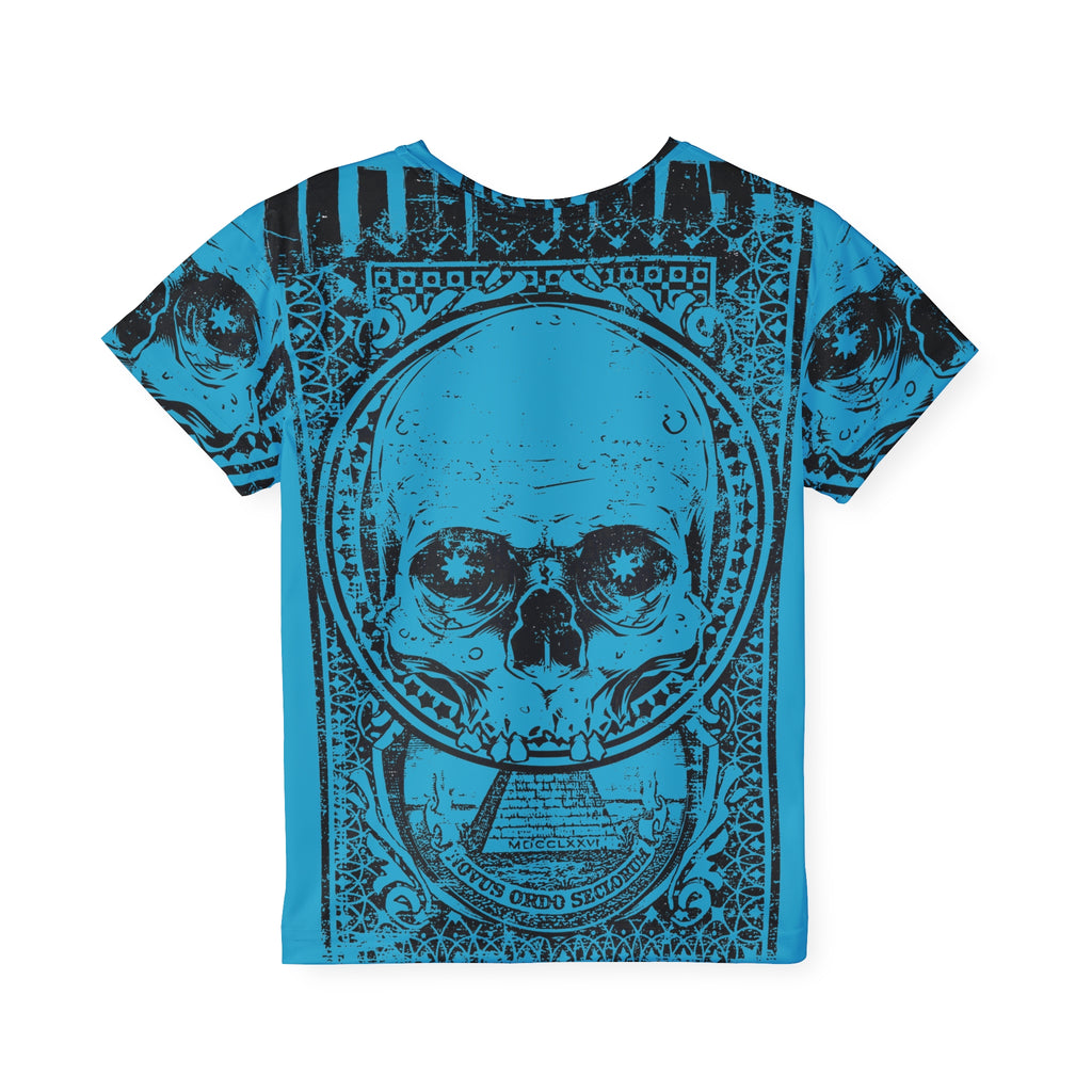 Kids Skull Graphic Jersey — Blue All-Over Print Sports Tee