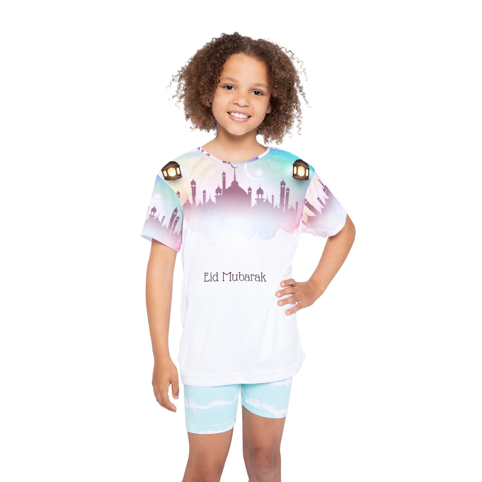 Eid Mubarak Kids Jersey — Colorful Mosque Lanterns AOP Tee