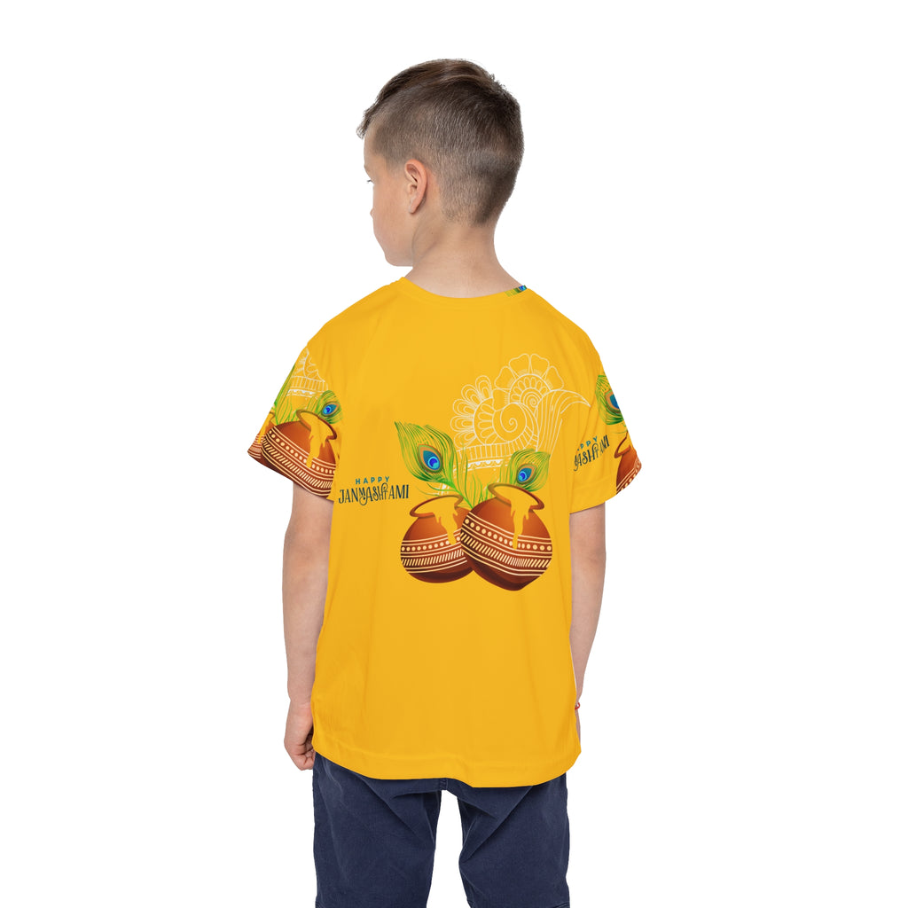 Kids Sports Jersey — Happy Janmashtami All-Over Print Yellow Tee with Dholak & Peacock Feather Design