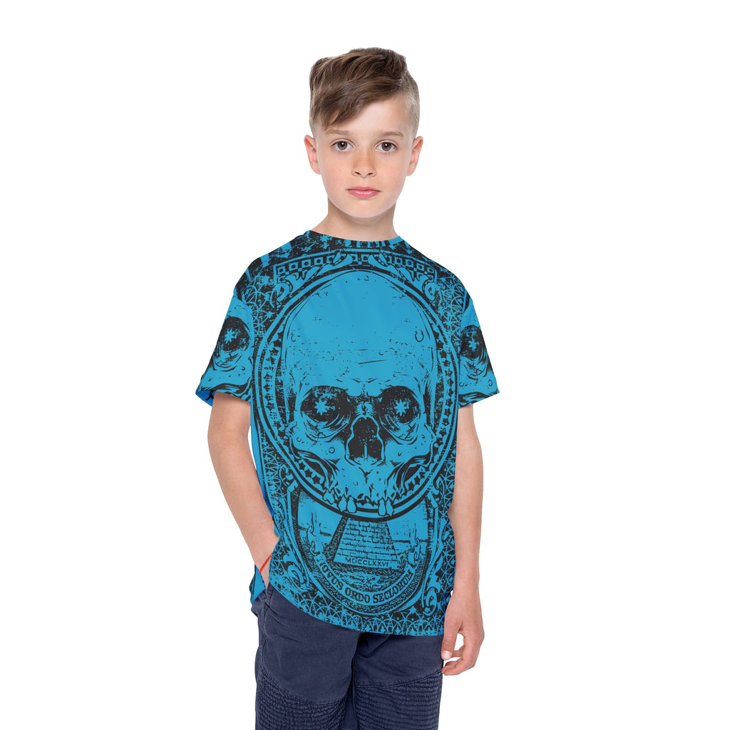 Kids Skull Graphic Jersey — Blue All-Over Print Sports Tee