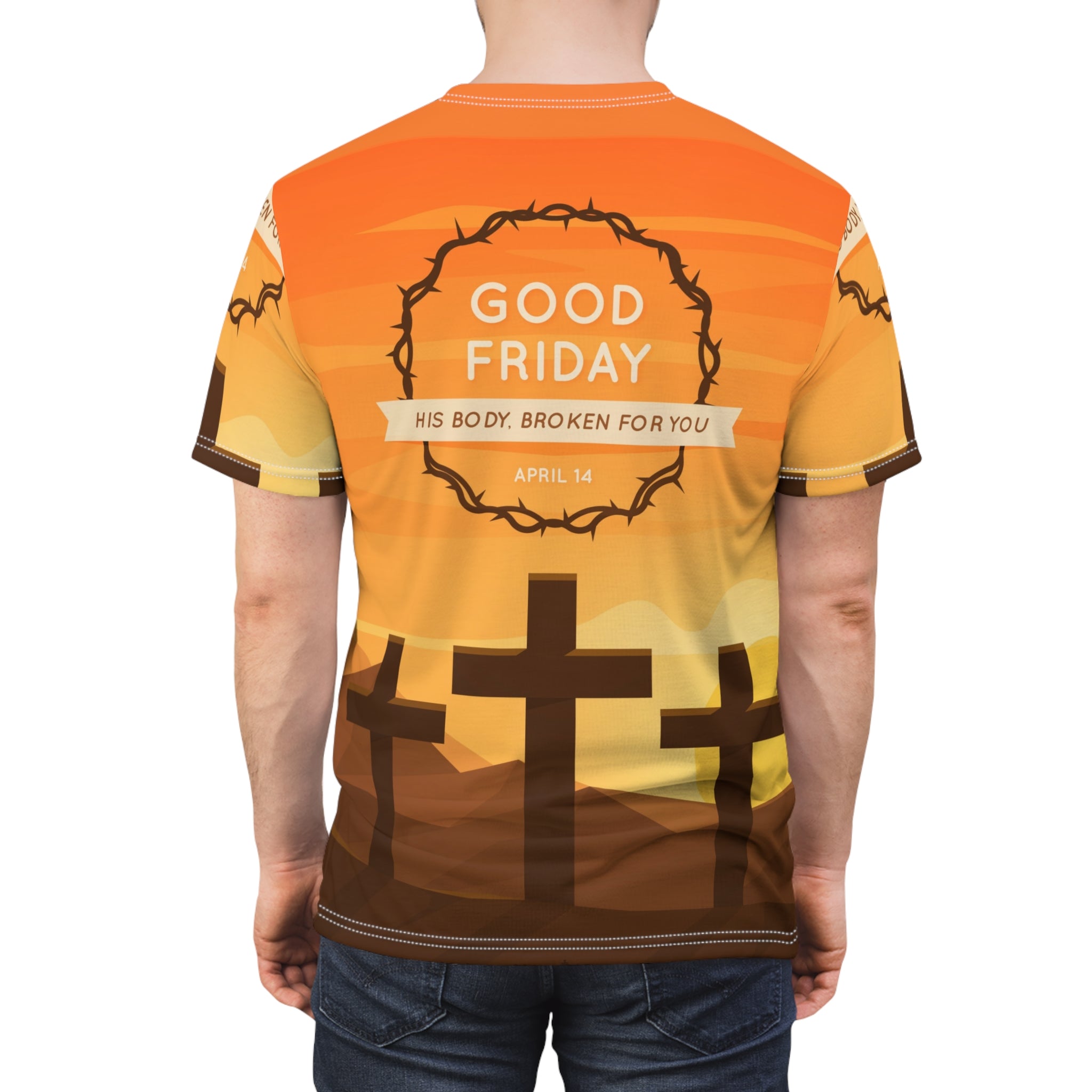 Good Friday Tee — 'His Body, Broken For You' All-Over Print Christian T-Shirt